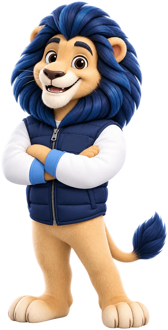 Teo, el león de Emporio, con los brazos cruzados