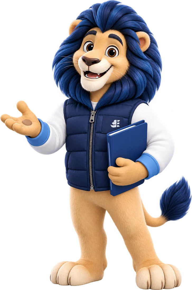 Teo, el león de Emporio, con una carpeta bajo el brazo