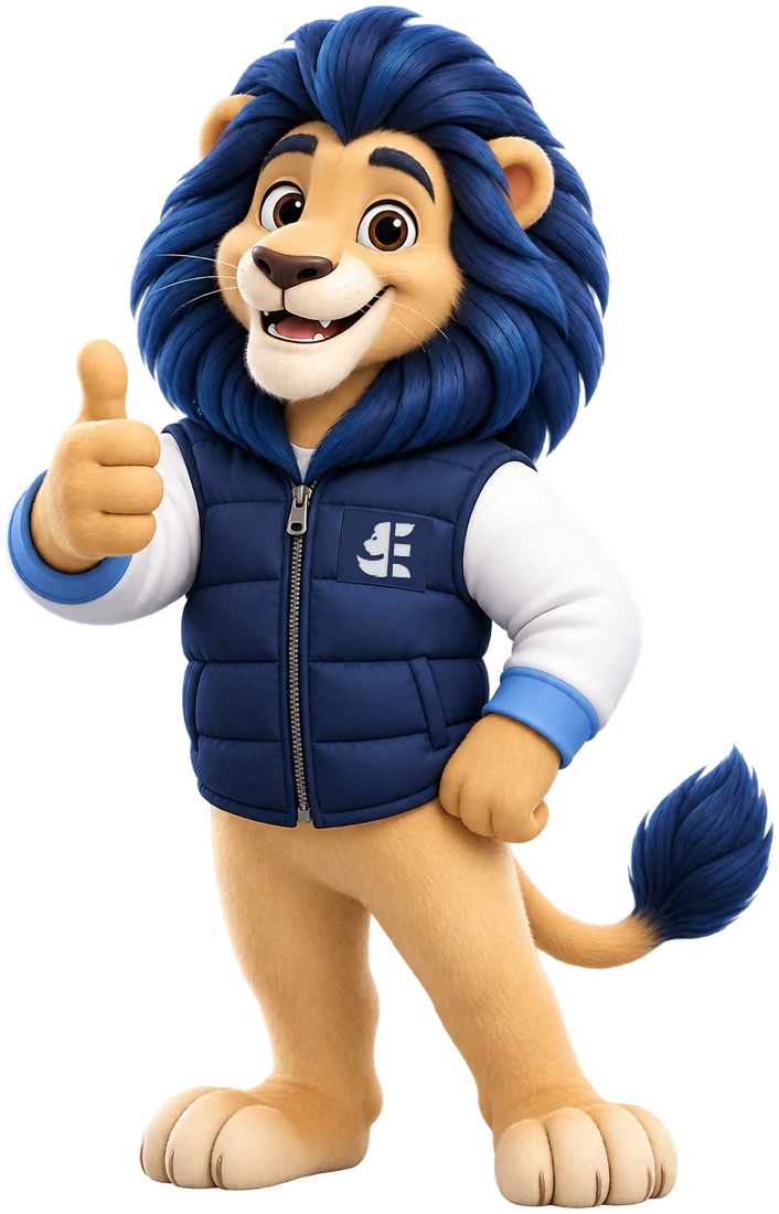 Teo, el león de Emporio, con el pulgar arriba