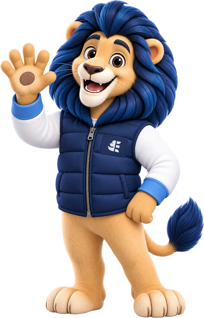 Teo, el león de Emporio, saludando