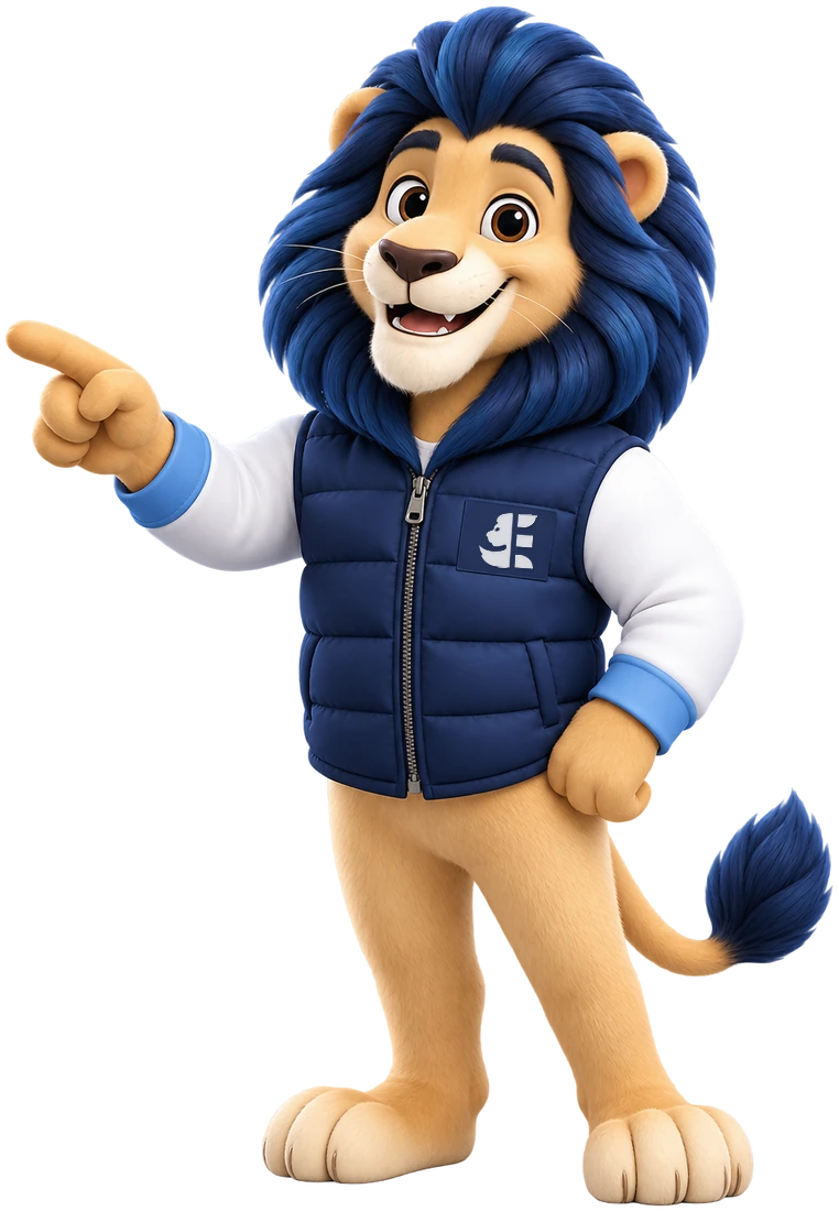 Teo, el león de Emporio, señalando